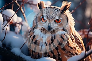 AI generated illustration of a royal owl perched on a tree branch surveying a winter wonderland