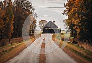 AI generated illustration of a rural country road with a barn surrounded by lush grass