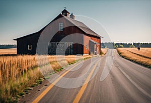 AI generated illustration of a rural country road with a red barn surrounded by lush grass