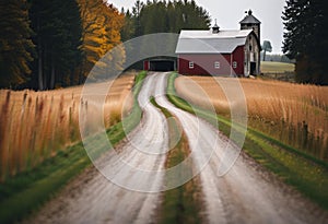 AI generated illustration of a rural country road with a red barn surrounded by lush grass