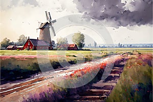 AI generated illustration of a rural landscape with a windmill