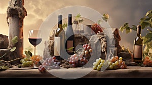 AI generated illustration of a rustic background with bottles of wines and bunches of ripe grapes