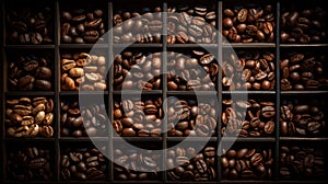 AI generated illustration of A rustic wooden shelf stocked with freshly roasted coffee beans