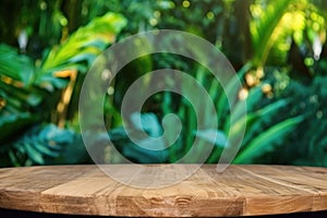 AI generated illustration of a rustic wooden table against green plants