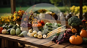 AI generated illustration of a rustic wooden table displaying an array of fresh seasonal vegetables