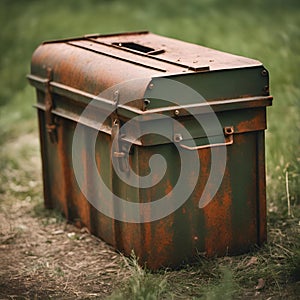 AI generated illustration of a rusty, army-green ammunition box in a field