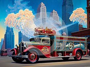 AI-Generated illustration of a 1930s Fire truck responding to a call photo