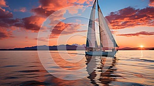 AI generated illustration of A sailboat  seen sailing in the open ocean at sunsest