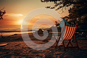 AI generated illustration of a sandy beach shoreline with a chair at sunset