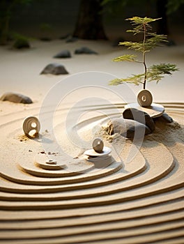 AI generated illustration of a sandy ground featuring an arrangement of rocks in a spiral formation