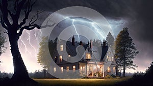 AI generated illustration of a scary haunted house with the lightning in the background