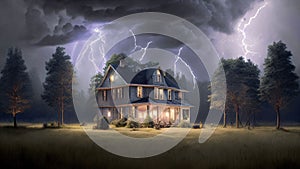 AI generated illustration of a scary haunted house with the lightning in the background