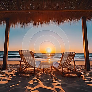 AI generated illustration of a scene of two beach chairs sitting peacefully on the golden sand