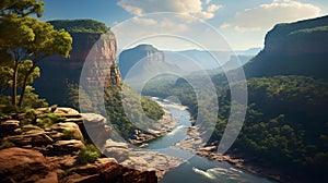 AI generated illustration of A scenic image of a river winding through a rugged mountain landscape
