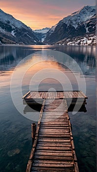 AI-generated illustration of a Scenic lake dock with mountains backdrop at sunset