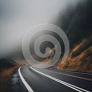 AI generated illustration of a scenic landscape view of a winding mountain road shrouded in fog