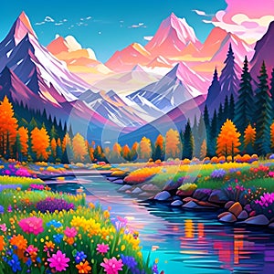 AI generated illustration of a scenic mountain landscape with vibrant flowers and flowing river
