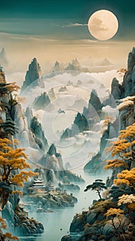AI-generated illustration of A scenic painting of sky, mountains and rocks