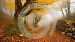 AI-generated illustration of a scenic path through an autumn forest enveloped in a thick mist.