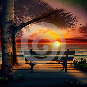 AI generated illustration of a scenic view of a beach with a bench overlooking the sun and sea