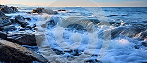 AI generated illustration of A scenic view of the ocean with crashing waves on the rocky shoreline