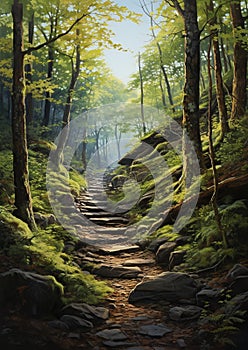 AI generated illustration of a scenic winding path in the woods, surrounded by tall trees