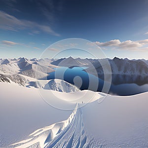 AI generated illustration of a scenic winter landscape showcasing a majestic snow-covered mountain