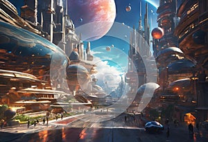 AI generated illustration of a sci-fi city with futuristic buildings, encircled by colossal moon