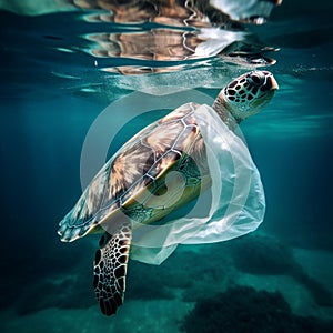 AI-generated illustration of A sea turtle with a discarded plastic bag