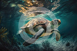 AI generated illustration of a sea turtle swimming under the ocean surface in the water