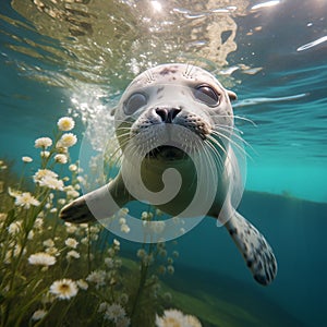 AI generated illustration of a seal swimming in a sea with flowers