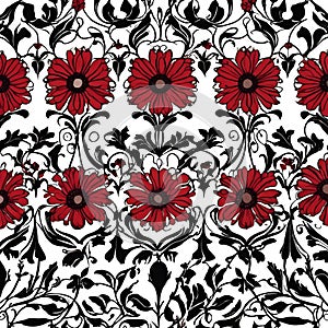 AI generated illustration of a seamless red and black floral pattern on a white backdrop