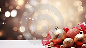 a number of Christmas decorations with a ribbon around them on a white table