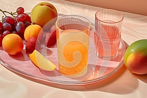 AI generated illustration of a selection of fresh fruit and glasses of juice on the table