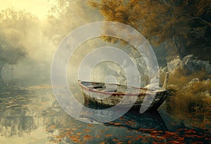 AI-generated illustration of a serene boat in a misty lake embraced by vibrant autumn foliage