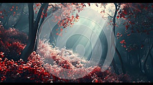 AI generated illustration of a serene forest with red trees illuminated by bright, warm sunlight