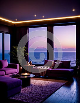 AI-generated illustration of a serene interior bathed in violet hues with a peaceful ocean view