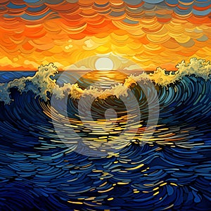 AI generated illustration of a serene ocean sunset with peaceful waves