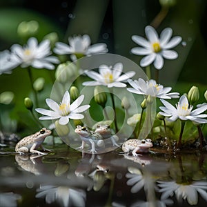 AI generated illustration of a serene pond featuring a plethora of white water lilies