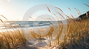 AI generated illustration of a serene sandy beach with tall, golden dune grass