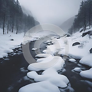 AI generated illustration of a serene snow-covered stream meandering alongside a row of trees