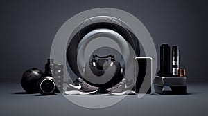 AI generated illustration of a set of fitness equipment against a gray background