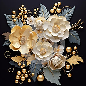 AI generated illustration of a set of papercrafted flowers with pearl accents on a black background