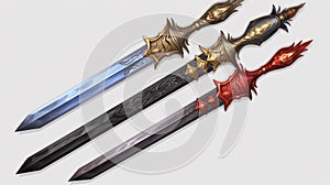 AI generated illustration of a set of three swords with ornate gold handles on a white background