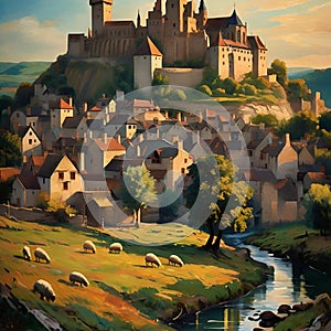 AI generated illustration of sheep grazing near river with castle in background