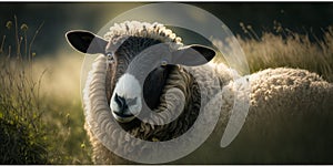 AI generated illustration of sheep with thick fur looking at camera while standing in grassy field in gloomy day