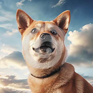 ai generated illustration of shiba inu dog closeup portrait on cloudy sky