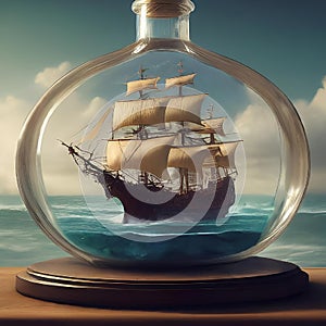 AI generated illustration of a ship in a glass bottle displayed on a table by water and clouds