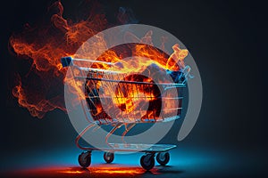 AI generated illustration of A shopping cart engulfed in flames, with smoke billowing from the top