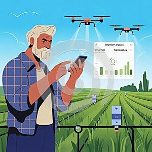Smart Farming with Drone and Mobile Analytics Illustration